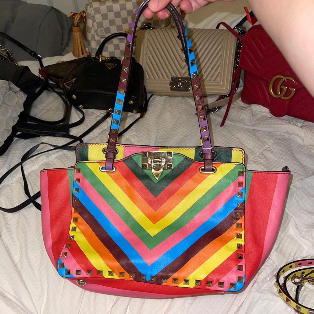 VALENTINO GARAVANI Rainbow Multicolor Rockstud Top Handle Bag